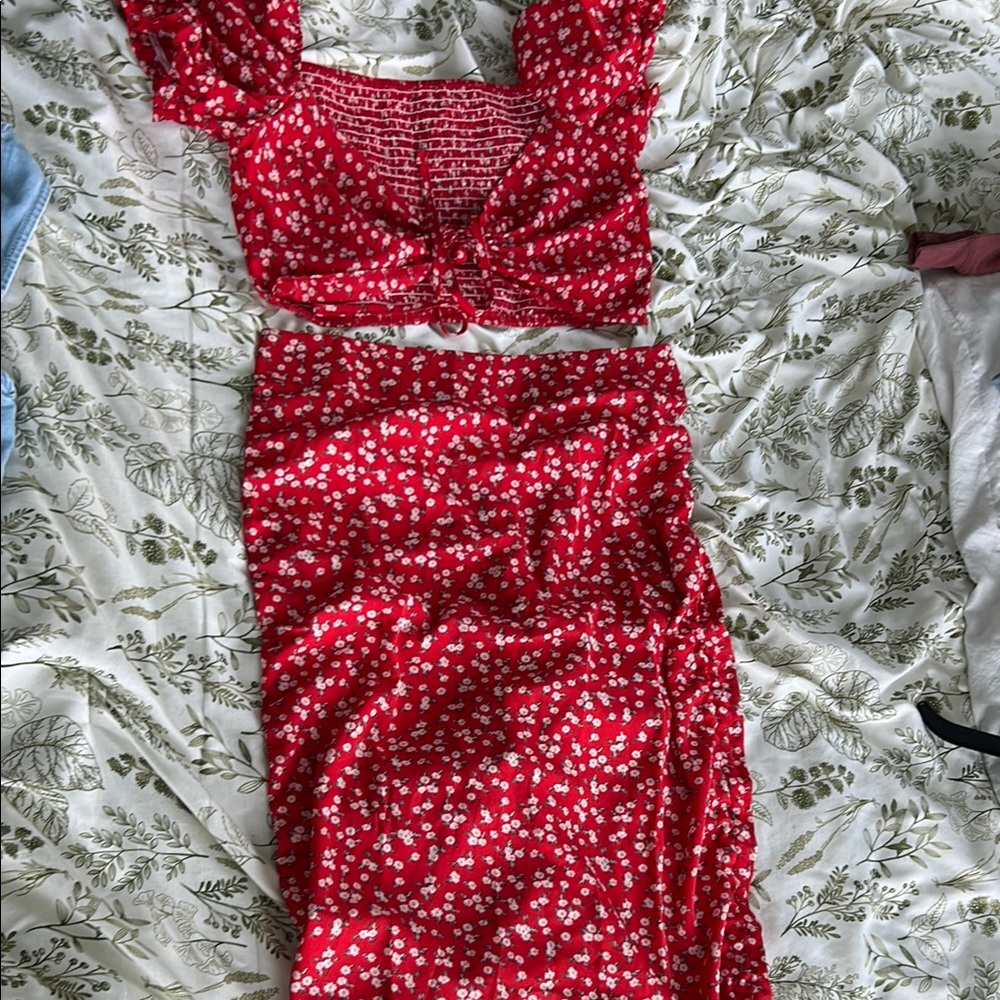 Red Floral Crop Top and Skirt Set